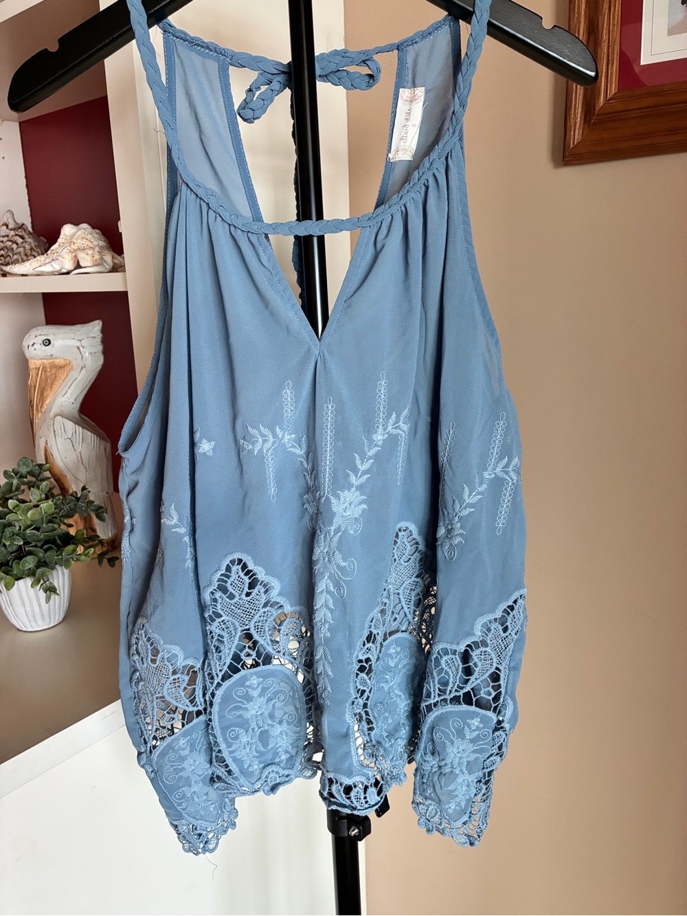 Altar'd State Dainty Blue Boho Crepe Embroidered & Lace Feminine Y2K Tank S